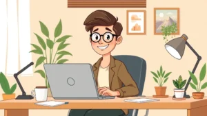 Cartoon illustration of a confident freelancer working on laptop at home office desk with coffee cup, plants, and desk lamp, professional casual clothing, warm color palette