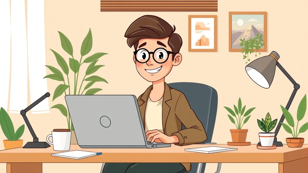 Cartoon illustration of a confident freelancer working on laptop at home office desk with coffee cup, plants, and desk lamp, professional casual clothing, warm color palette