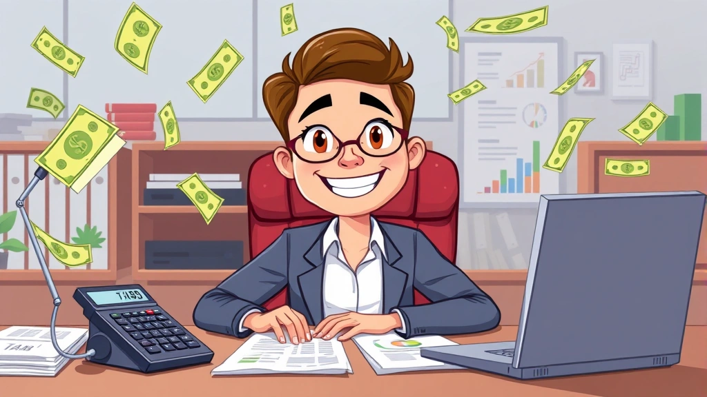 Cartoon professional sitting at desk with calculator, tax forms, and laptop, surrounded by floating dollar bills and charts, friendly confident expression