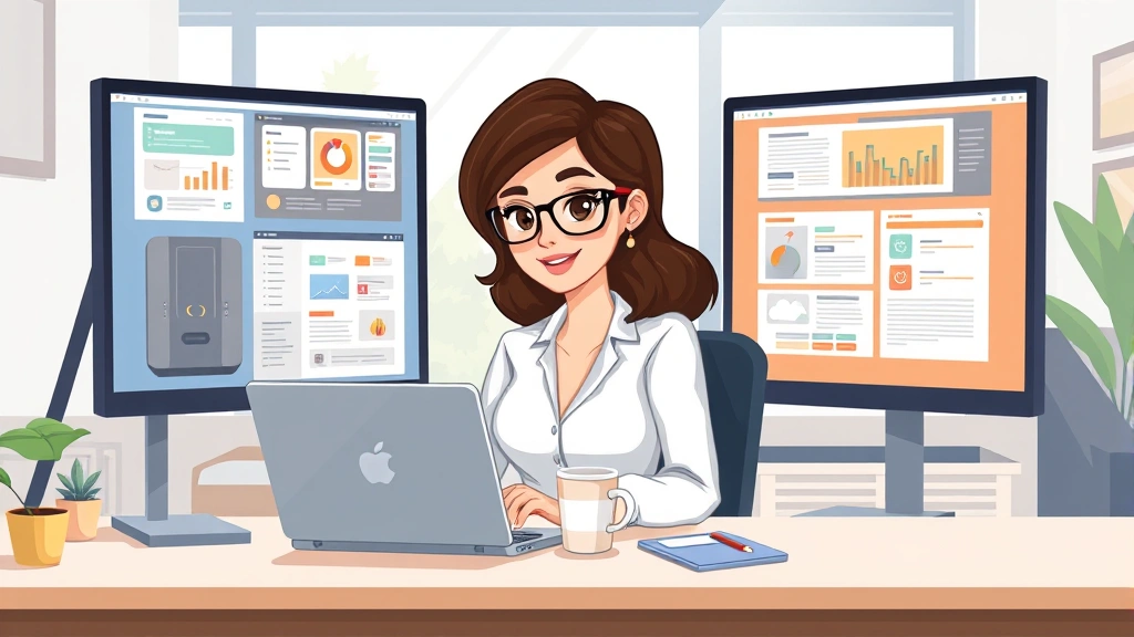 Professional woman at desk working on laptop with coffee cup, multiple computer monitors showing different projects, bright modern home office with natural light, cartoon style illustration