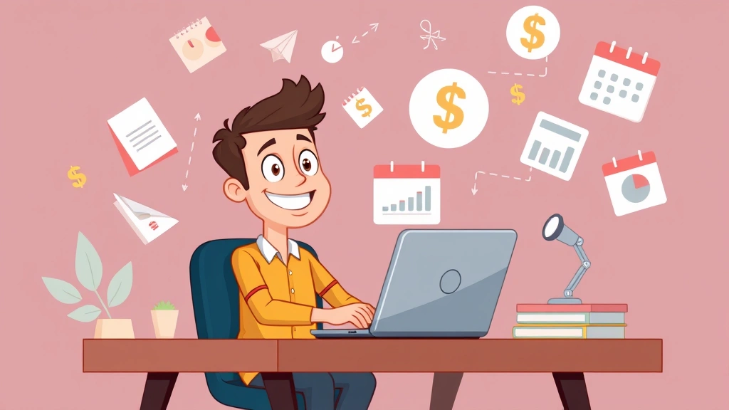 Cartoon freelancer sitting at desk with laptop surrounded by floating dollar signs, charts, and calendar icons, smiling confidently while juggling multiple projects