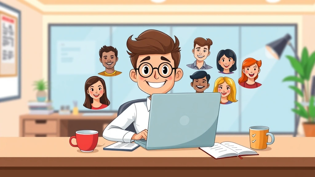 Cartoon freelancer sitting at desk with laptop, multiple clients represented as smiling faces on computer screen, coffee cup, notebook with checkmarks, bright professional office background
