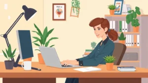 Professional freelancer working on laptop at home office desk with coffee cup, plants, and organized workspace, cartoon illustration style, warm colors, business casual aesthetic