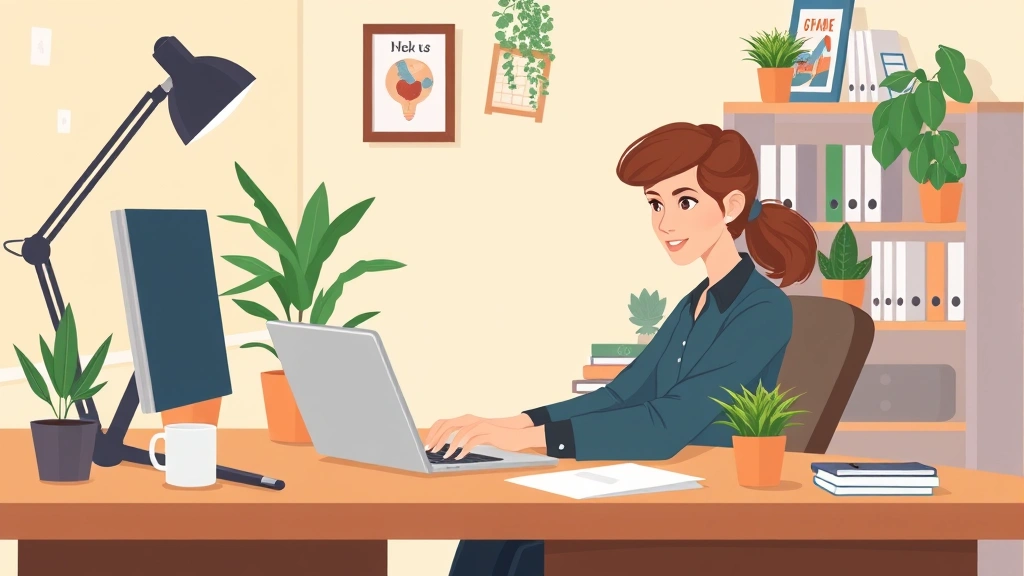 Professional freelancer working on laptop at home office desk with coffee cup, plants, and organized workspace, cartoon illustration style, warm colors, business casual aesthetic