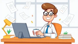 Cartoon professional person sitting at desk with laptop and coffee cup, surrounded by floating documents and dollar signs, happy confident expression, bright colors