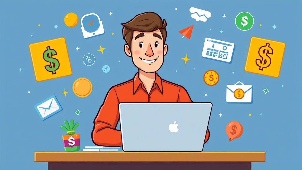 Cartoon professional contractor working at laptop surrounded by floating icons representing flexibility, money, and independence with bright colors and positive energy