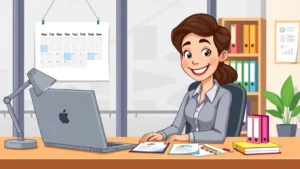 Cartoon professional sitting at modern desk with laptop, calendar, and financial documents, smiling confidently while managing multiple projects with different colored folders