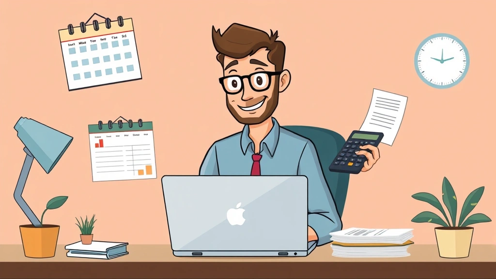 Cartoon professional working at laptop with calendar and calculator floating around, representing 1099 independent contractor financial planning and time management