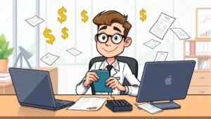 Cartoon professional sitting at desk with laptop, calculator, and paperwork, surrounded by floating dollar signs and tax documents, confident expression, bright modern office setting