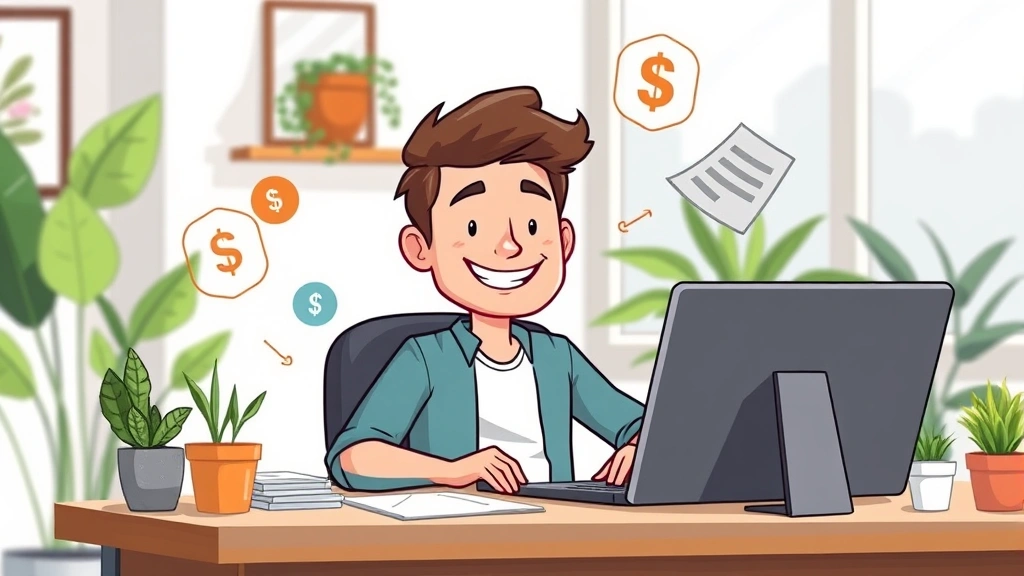 Cartoon freelancer sitting at desk with laptop, smiling confidently with multiple income streams flowing around them, modern home office setting with plants and natural light