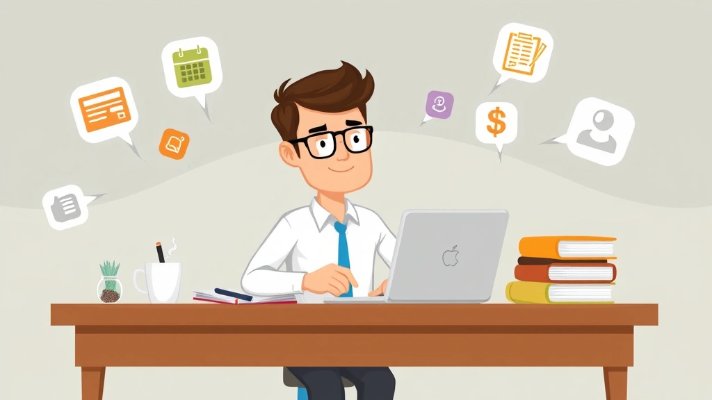 Cartoon illustration of a professional contractor working at a desk with a laptop, coffee cup, and calculator, surrounded by floating icons representing different contractor roles like coding, writing, design, and consulting