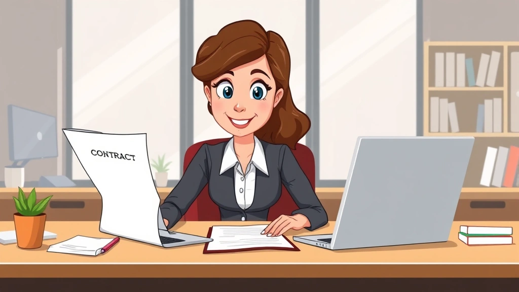Cartoon professional woman reviewing contract documents at desk with laptop and coffee cup, confident expression, modern office setting