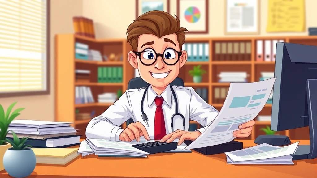Professional accountant reviewing colorful tax documents and calculator on desk, cartoon style, warm office lighting, organized papers, friendly confident expression