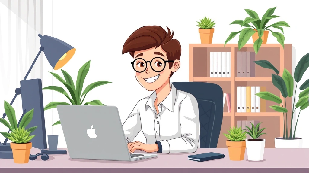 Professional freelancer working on laptop at home office desk with coffee cup, smiling confidently, surrounded by plants and modern workspace setup, cartoon illustration
