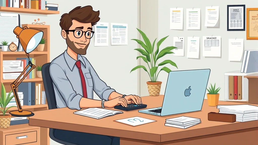 Professional contractor working at home office desk with laptop, calculator, and organized paperwork, cartoon style illustration showing productive independent worker environment