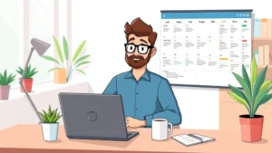 Cartoon freelancer sitting at desk with laptop, coffee cup, and calendar showing multiple project timelines in bright office environment with plants