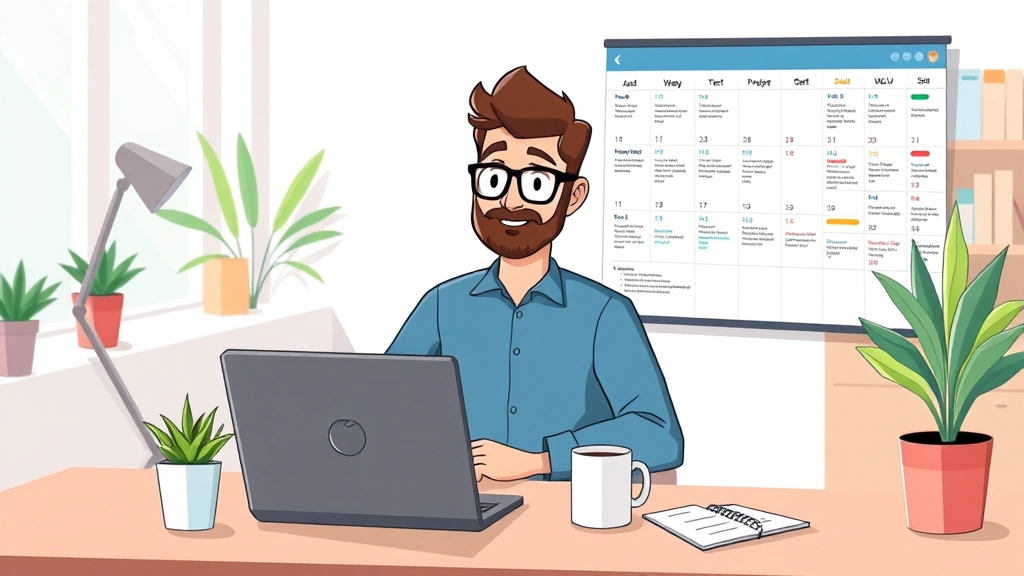 Cartoon freelancer sitting at desk with laptop, coffee cup, and calendar showing multiple project timelines in bright office environment with plants