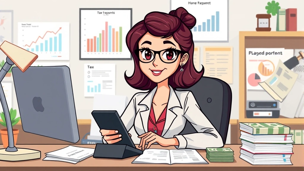 Cartoon professional woman sitting at home desk with calculator, tax forms, and money stacks, looking confident and organized with charts on wall behind her