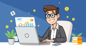 Professional freelancer working confidently at laptop with charts and money symbols floating around, cartoon style with bright colors, happy expression