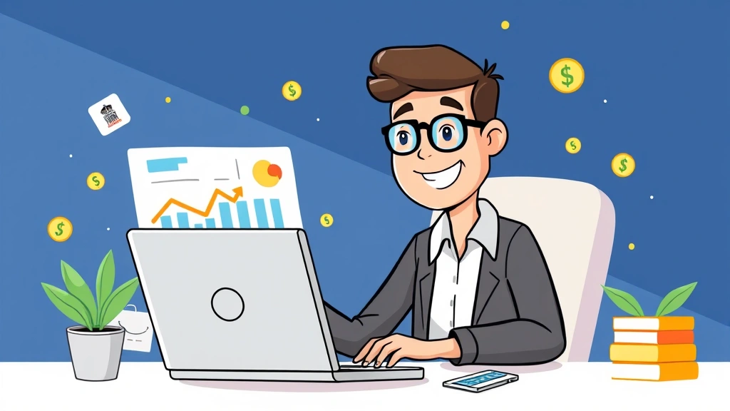 Professional freelancer working confidently at laptop with charts and money symbols floating around, cartoon style with bright colors, happy expression