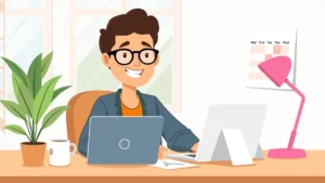 Cartoon illustration of a diverse contractor working at home desk with laptop, coffee cup, and calendar showing flexible schedule, bright modern workspace with plant and natural light