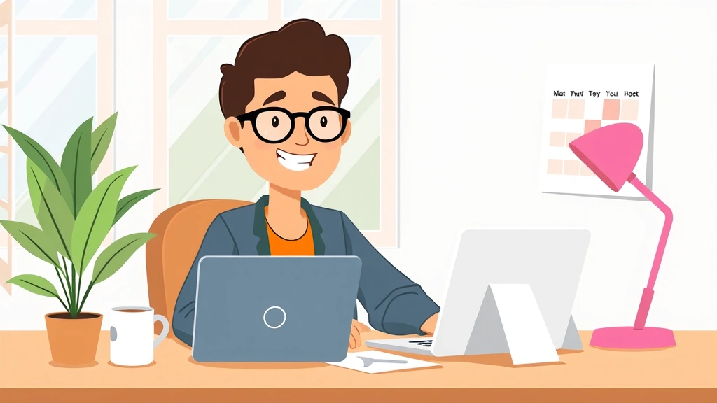 Cartoon illustration of a diverse contractor working at home desk with laptop, coffee cup, and calendar showing flexible schedule, bright modern workspace with plant and natural light