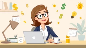 Cartoon professional sitting at desk with laptop, coffee cup, and calendar showing flexible schedule, surrounded by floating dollar signs and light bulbs representing ideas and income potential