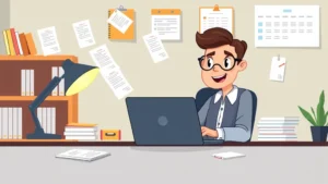 Cartoon freelancer sitting at desk with laptop, multiple project files floating around, calendar and invoice on wall, warm home office lighting, professional casual clothing