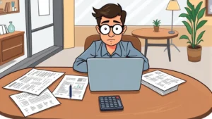 Freelancer with laptop, calculator, and tax documents spread on coffee shop table, focused expression, cartoon professional style