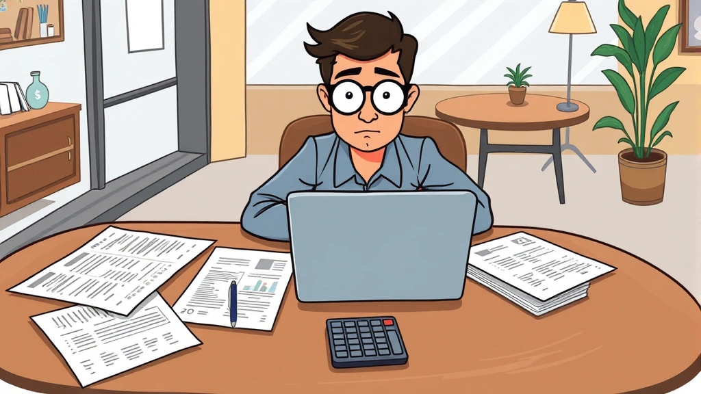Freelancer with laptop, calculator, and tax documents spread on coffee shop table, focused expression, cartoon professional style