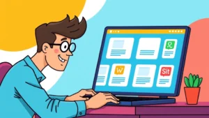 Cartoon illustration of a freelancer working at laptop with multiple project tabs open, colorful icons representing different services (design, writing, coding), professional and energetic atmosphere, bright colors
