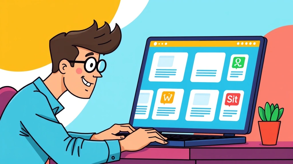 Cartoon illustration of a freelancer working at laptop with multiple project tabs open, colorful icons representing different services (design, writing, coding), professional and energetic atmosphere, bright colors