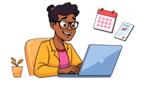 Cartoon illustration of a diverse freelancer working confidently at laptop with floating dollar signs, calendar, and contract documents in vibrant colors