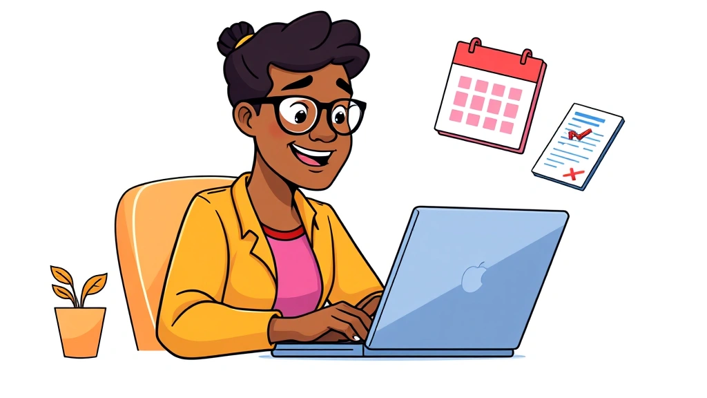 Cartoon illustration of a diverse freelancer working confidently at laptop with floating dollar signs, calendar, and contract documents in vibrant colors