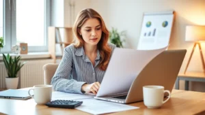 Professional woman sitting at laptop reviewing contract documents with calculator and coffee cup on desk, modern home office, warm lighting, focused expression