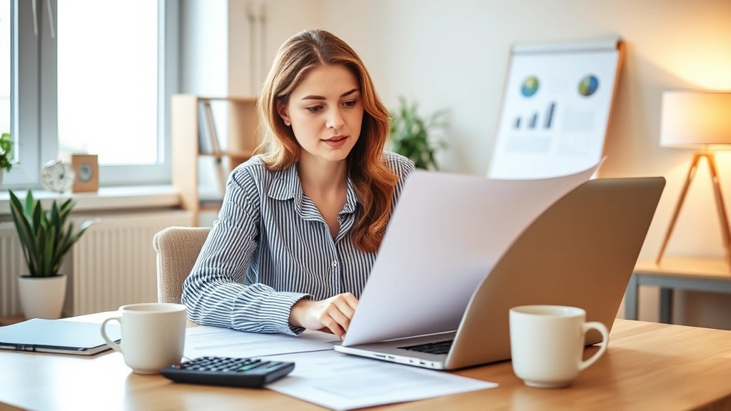 Professional woman sitting at laptop reviewing contract documents with calculator and coffee cup on desk, modern home office, warm lighting, focused expression
