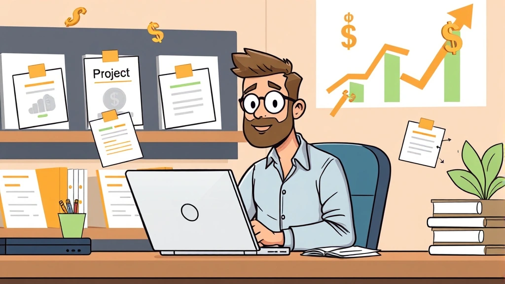 Cartoon professional contractor sitting at desk with laptop, multiple client project folders floating around, dollar signs and growth chart in background, confident expression