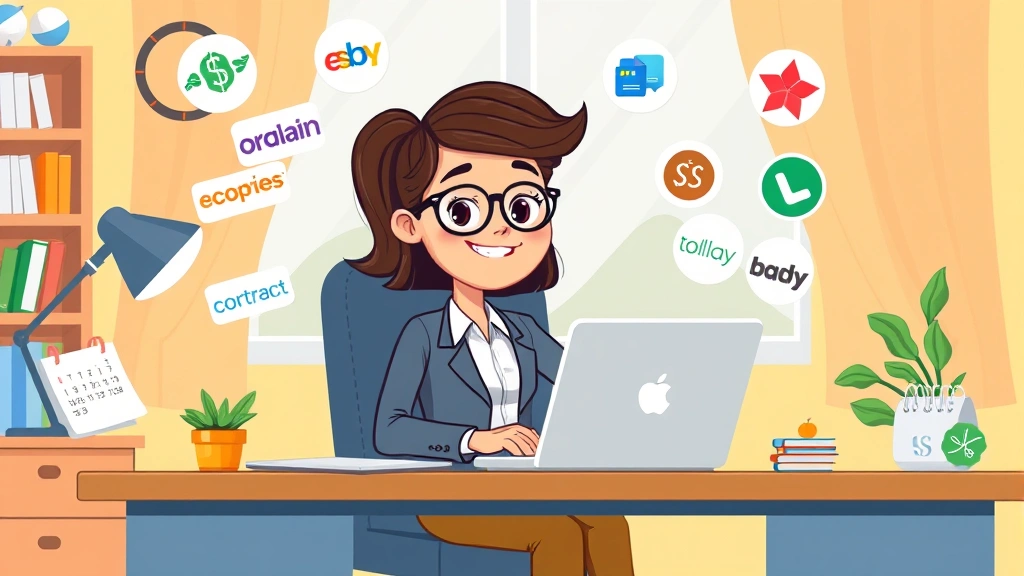 Cartoon professional sitting at home desk with laptop, multiple client logos floating around, calendar and money symbols nearby, bright colors, friendly style