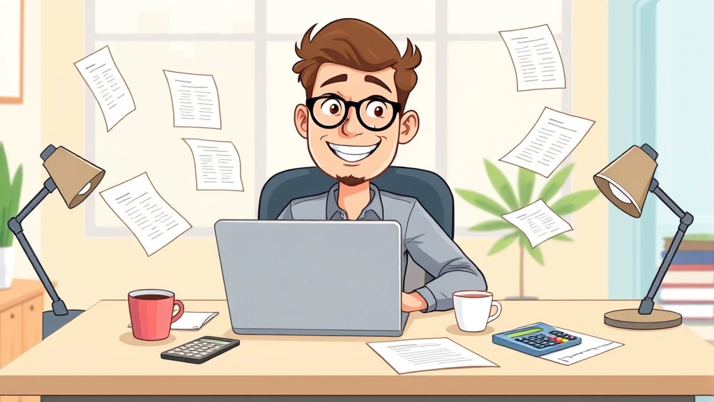 Cartoon freelancer sitting at desk with laptop surrounded by floating contract documents, coffee cup, and calculator, smiling confidently in bright home office setting