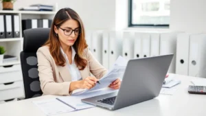 Professional woman sitting at desk with laptop and calculator, reviewing financial documents and tax forms, organized workspace with filing system, determined expression, clean modern office environment