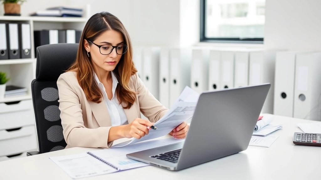 Professional woman sitting at desk with laptop and calculator, reviewing financial documents and tax forms, organized workspace with filing system, determined expression, clean modern office environment