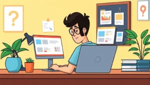Cartoon illustration of a freelancer working at a laptop with multiple project windows open, sitting at a desk with coffee and a plant, professional workspace atmosphere, bright colors