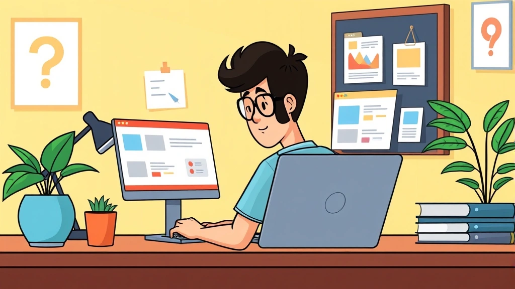 Cartoon illustration of a freelancer working at a laptop with multiple project windows open, sitting at a desk with coffee and a plant, professional workspace atmosphere, bright colors