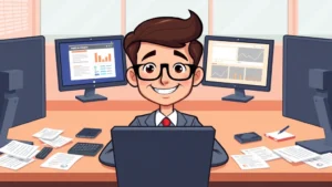 Cartoon illustration of a professional sitting at a desk with multiple computer screens showing different projects, papers scattered around, with a happy determined expression, modern office aesthetic, bright colors, no text