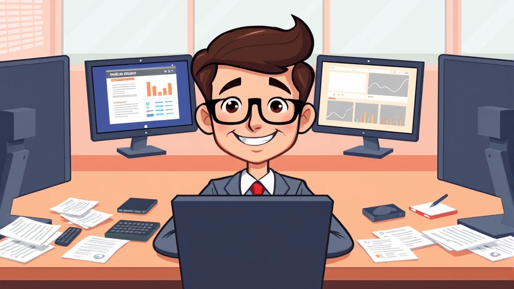 Cartoon illustration of a professional sitting at a desk with multiple computer screens showing different projects, papers scattered around, with a happy determined expression, modern office aesthetic, bright colors, no text