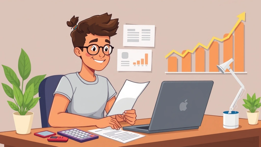 Cartoon illustration of diverse freelancer sitting at laptop desk with calculator, invoice papers, and growth chart on wall showing increasing income trends