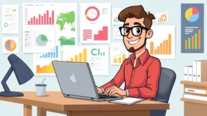 Cartoon freelancer sitting at desk with laptop, calculator, and documents, looking confident and organized with colorful charts and graphs on wall behind