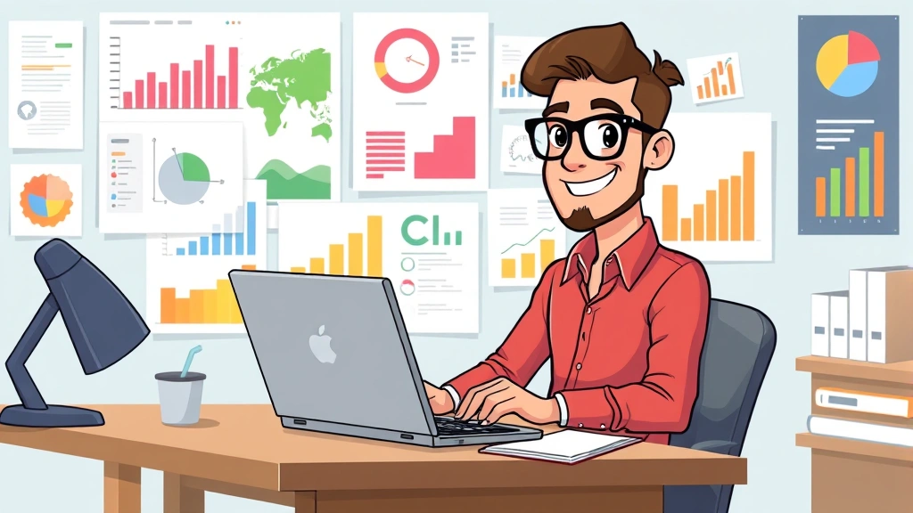 Cartoon freelancer sitting at desk with laptop, calculator, and documents, looking confident and organized with colorful charts and graphs on wall behind