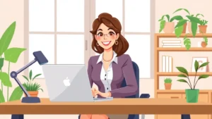 Professional woman sitting at home office desk with laptop, smiling confidently, surrounded by plants and natural light streaming through window, cartoon style illustration