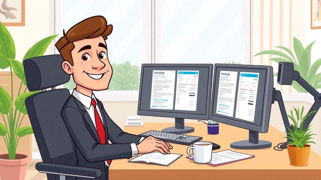 Cartoon professional sitting at desk with multiple computer screens displaying invoices and tax forms, coffee cup nearby, confident expression, bright home office setting with plants